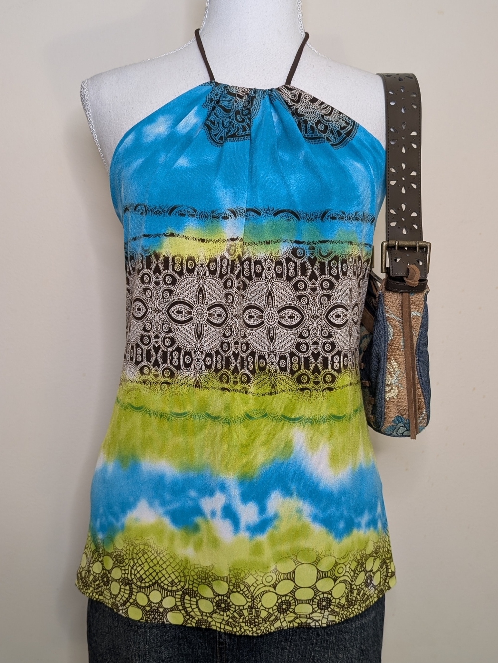Suzy Shier Y2K Blue and Lime Halter Print Top